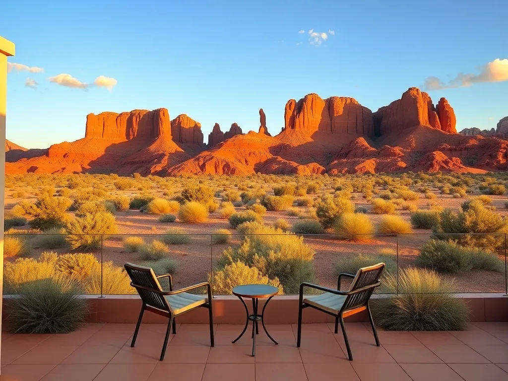 Przytulny taras hotelowy w Sedonie z widokiem na czerwone skały, idealny na relaksujący pobyt wśród pustynnych krajobrazów.
