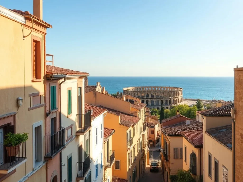 Słoneczna Tarragona z wąską uliczką ku morzu, tradycyjnymi balkonami i rzymskim amfiteatrem w ciepłym, popołudniowym świetle