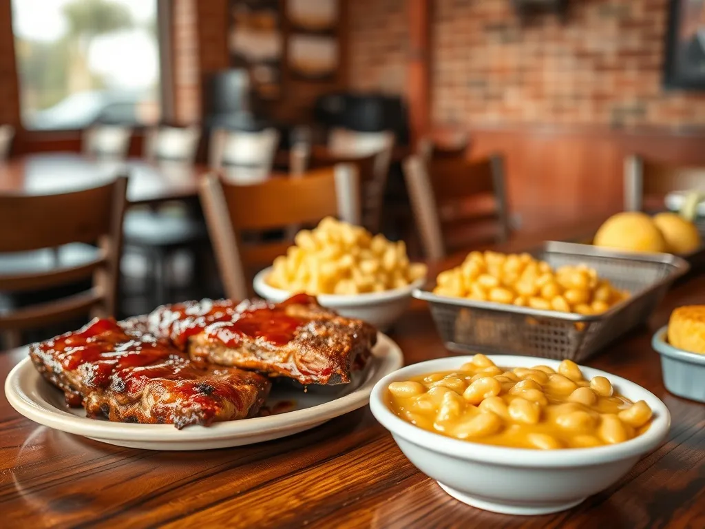 Klasyczne dania kuchni Memphis: żeberka BBQ, mac and cheese, fasolka pieczona i cornbread w przytulnej restauracji.