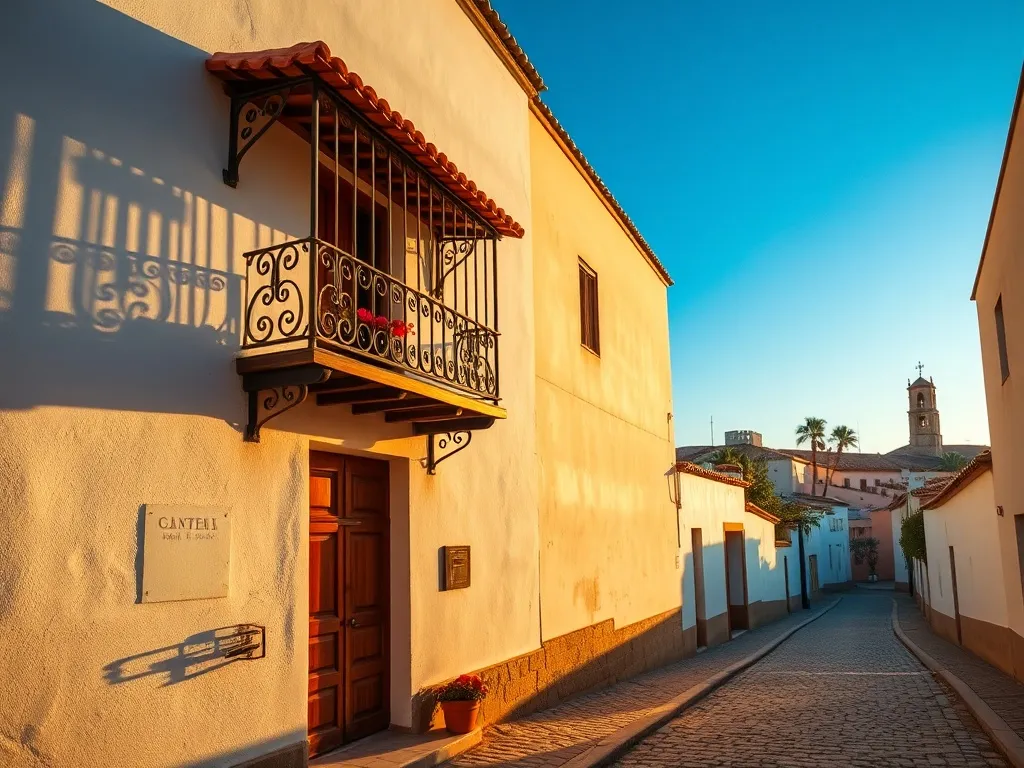 Urokliwy biały pensjonat w Jerez de la Frontera przy wąskiej brukowanej uliczce w ciepłym, złotym świetle popołudnia