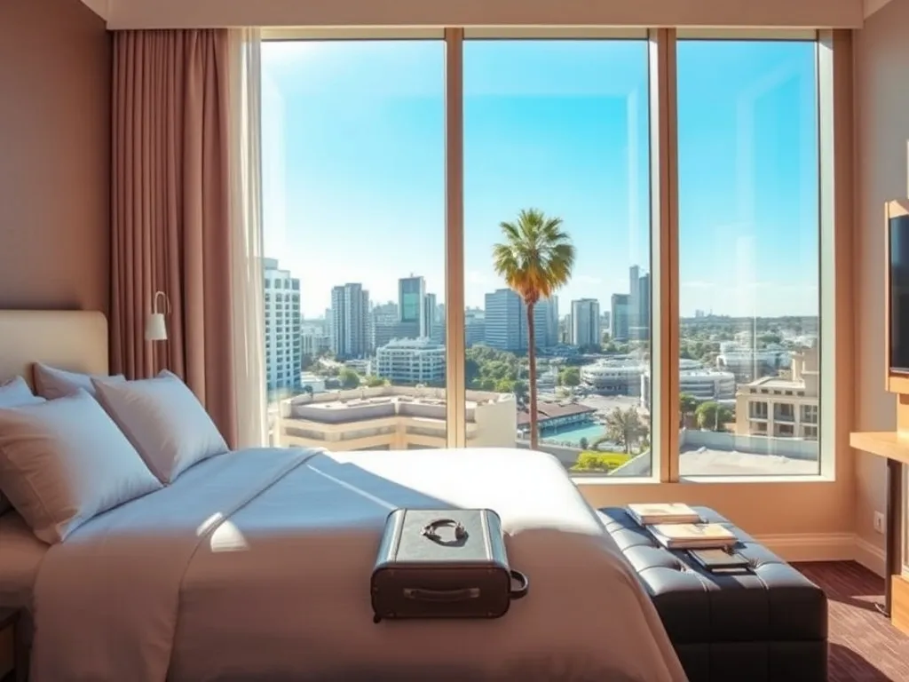 Przytulny pokój hotelowy w Perth z widokiem na słoneczne miasto, idealny jako baza noclegowa do zwiedzania Australii.