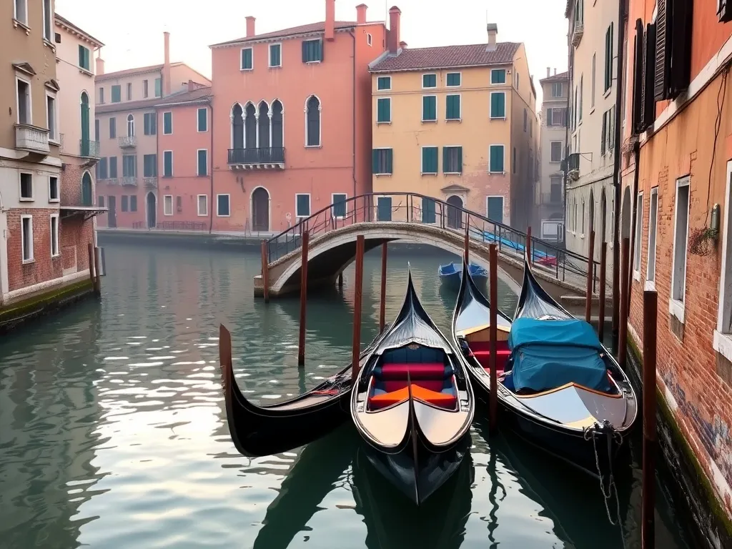 Spokojny kanał wenecki o wschodzie słońca, gondole przycumowane przy mostku, pastelowe kamienice tworzą romantyczny klimat.