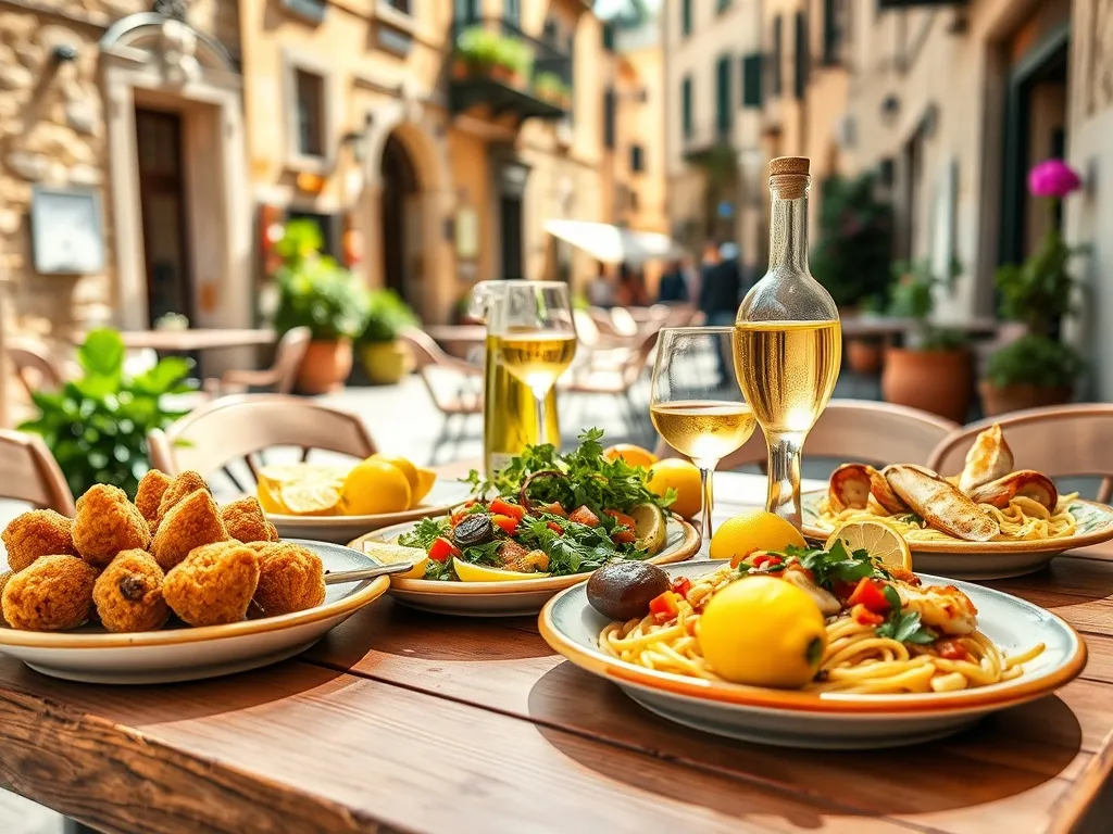 Stół w Taorminie zastawiony sycylijskimi specjałami – arancini, pasta alla norma, owoce morza, caponata, wino i cytryny