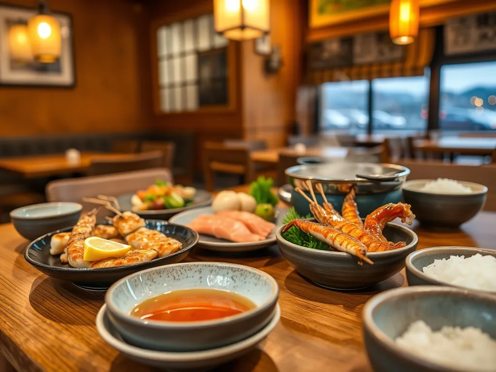 Tradycyjny stół w restauracji w Oita z gorącym nabem, szaszłykami, sashimi i ryżem, tworzący przytulną, lokalną atmosferę