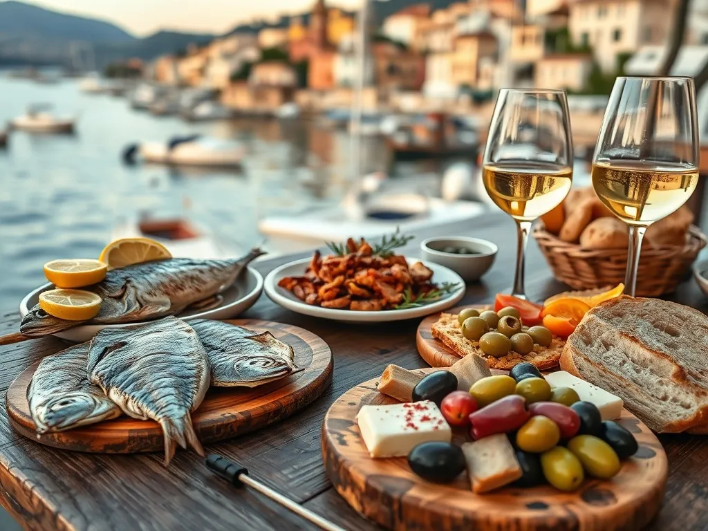 Tradycyjny dalmatyński stół w Zadarze: grillowana ryba, sałatka z ośmiornicy, pršut, sery, oliwki i białe wino