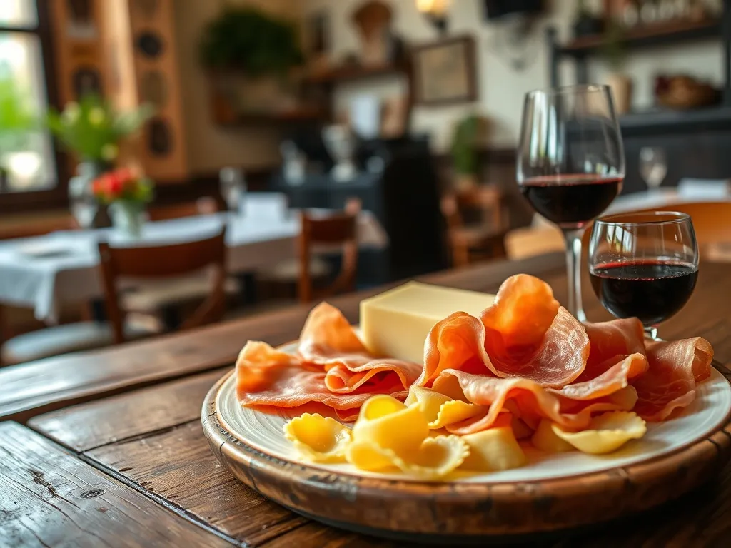 Talerz prosciutto di Parma, parmezan i tortelli na rustykalnym stole w przytulnej włoskiej trattorii.