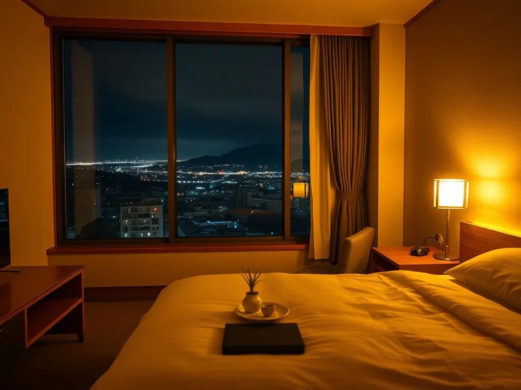 Przytulny, nowoczesny pokój hotelowy w Hakodate z widokiem nocą na oświetlone miasto i góry, spokojna, ciepła atmosfera.