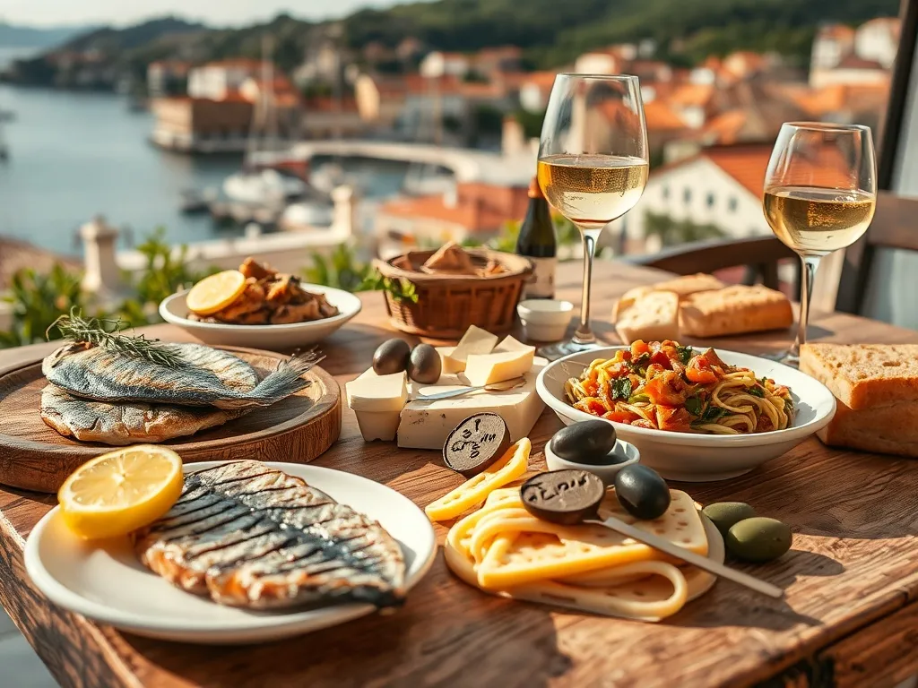 Tradycyjne dania z Puli na rustykalnym stole: grillowana ryba, maneštra, makaron z truflami, lokalne sery, oliwki i wino
