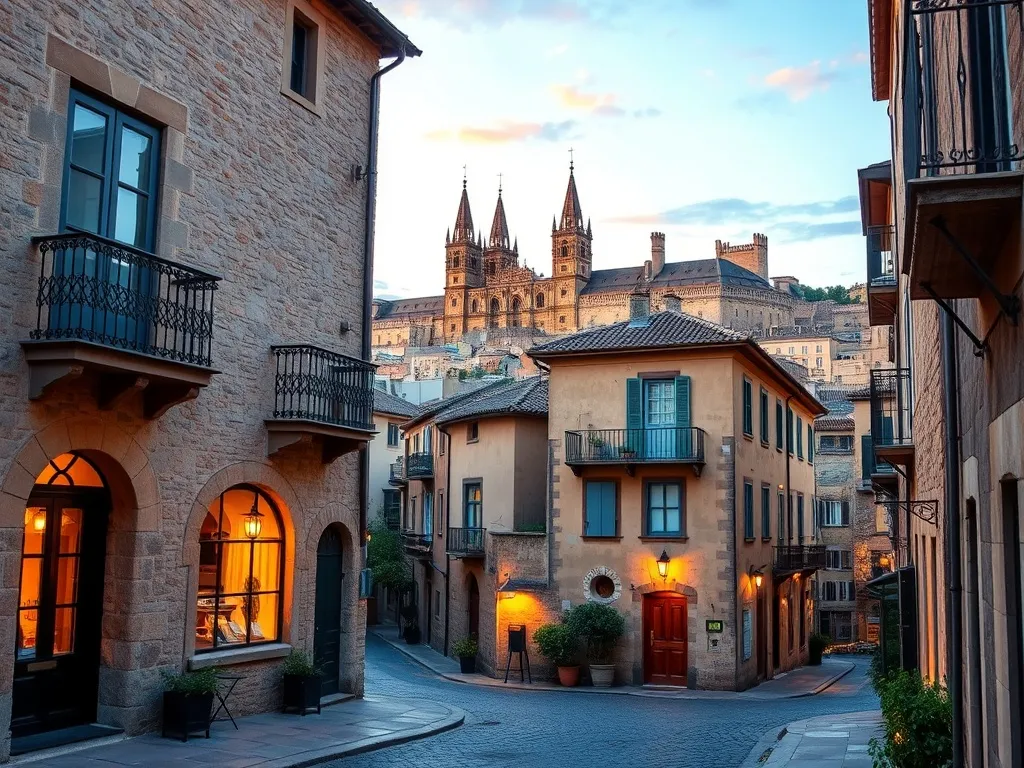 Urokliwa uliczka Segowii o zachodzie słońca, z butikowym hotelem na starym mieście i widokiem na katedrę w tle.