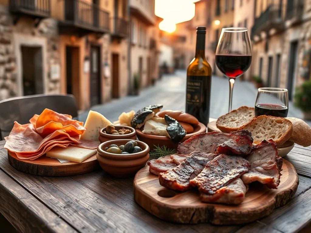 Tapas z Cáceres: szynka iberyjska, lokalne sery, grillowana wieprzowina i wino na rustykalnym stole w uliczce o zachodzie słońca.