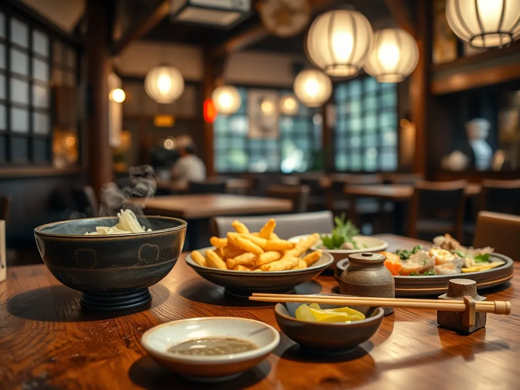 Tradycyjny stół w Nagasaki z champon, tempurą, sashimi i kiszonkami w przytulnej japońskiej restauracji.