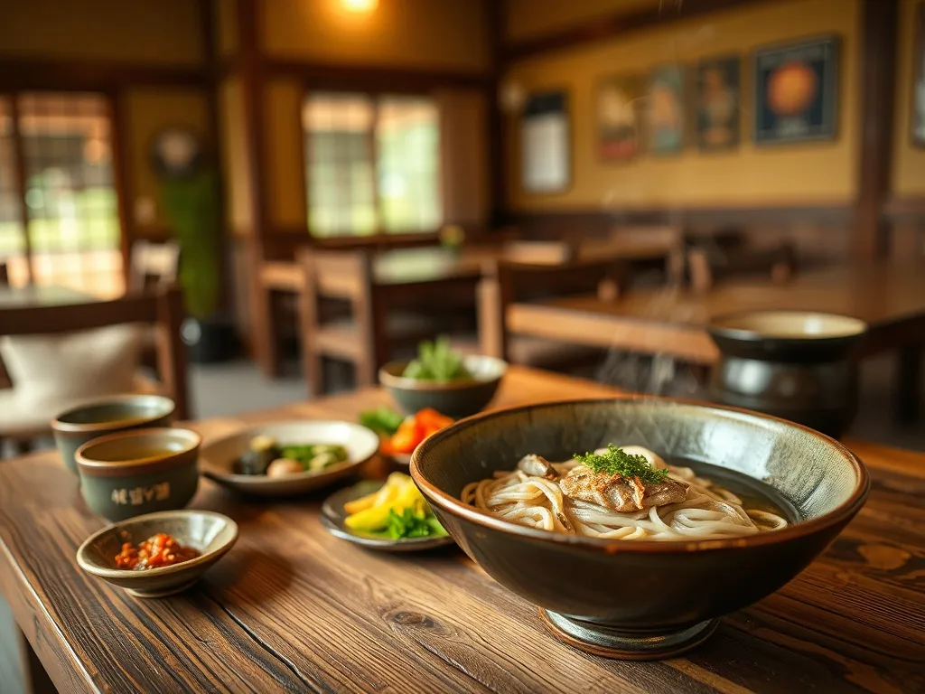 Tradycyjne dania z Nagano: gorący soba, grillowana ryba rzeczna, kiszonki i zielona herbata w górskiej, przytulnej gospodzie.