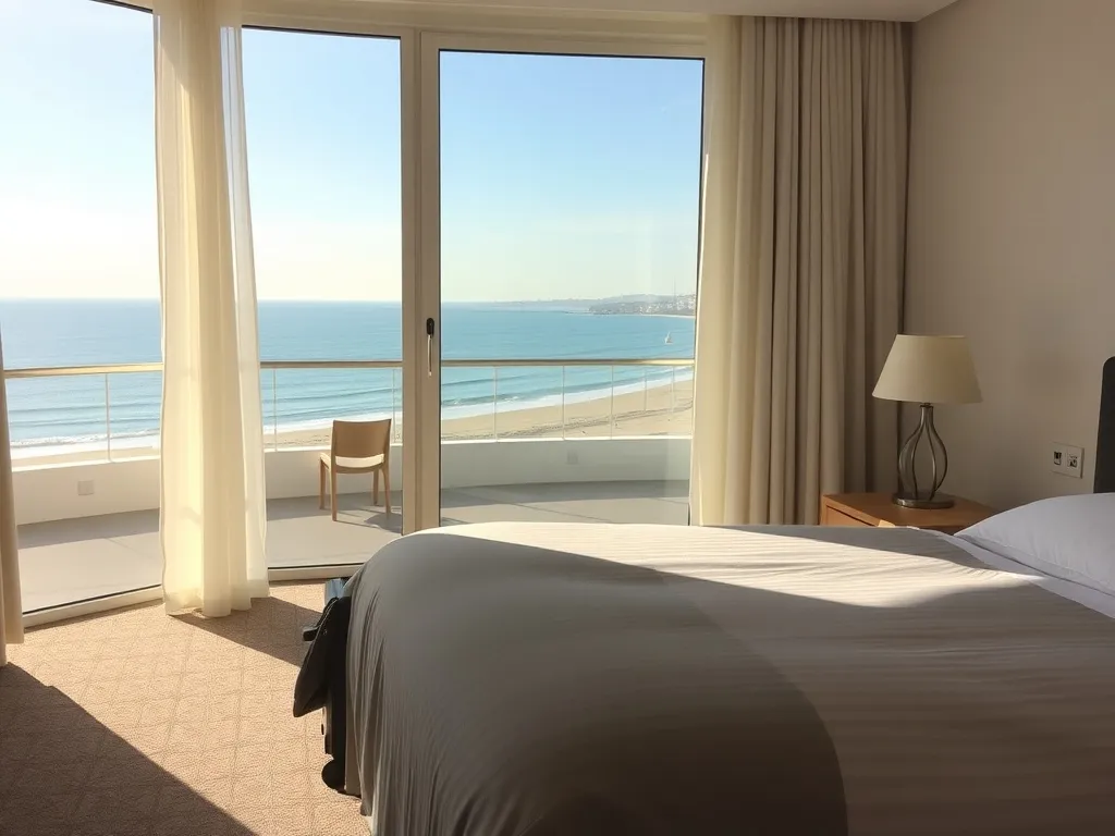 Przytulny pokój hotelowy z widokiem na wybrzeże Santander, balkonem i morzem, zachęcający do noclegu i relaksu.