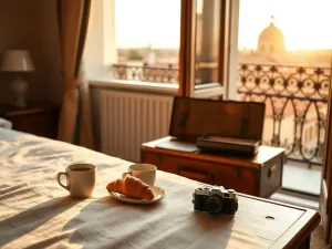 Talerz prosciutto di Parma, parmezan i tortelli na rustykalnym stole w przytulnej włoskiej trattorii.