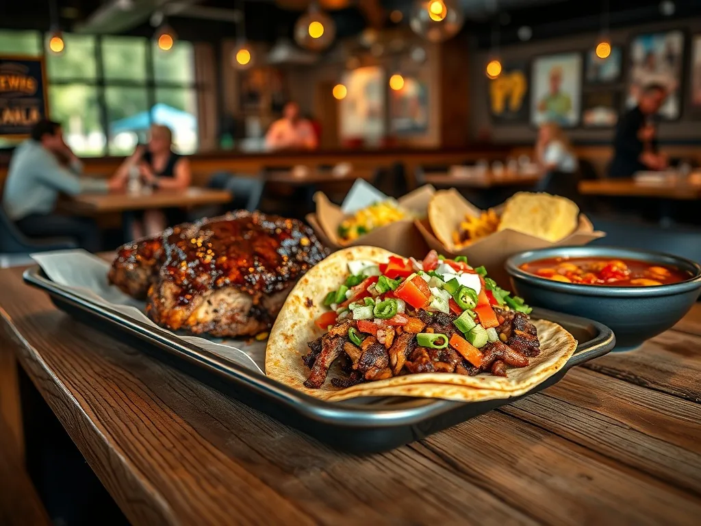 Tacki z texańskim BBQ, tacos, chili i cornbread na rustykalnym stole w przytulnej restauracji w Dallas.