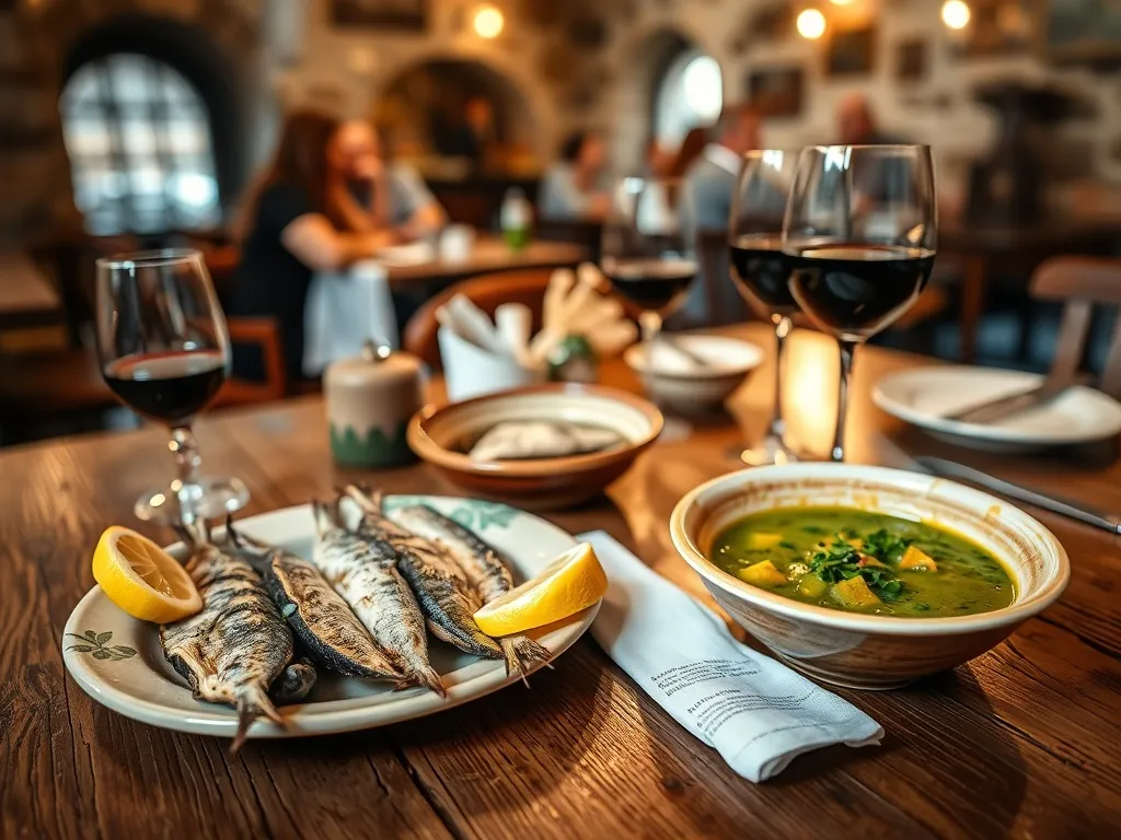 Tradycyjne dania Porto: grillowane sardynki, caldo verde, bacalhau i kieliszek porto na rustykalnym stole w przytulnej restauracji.