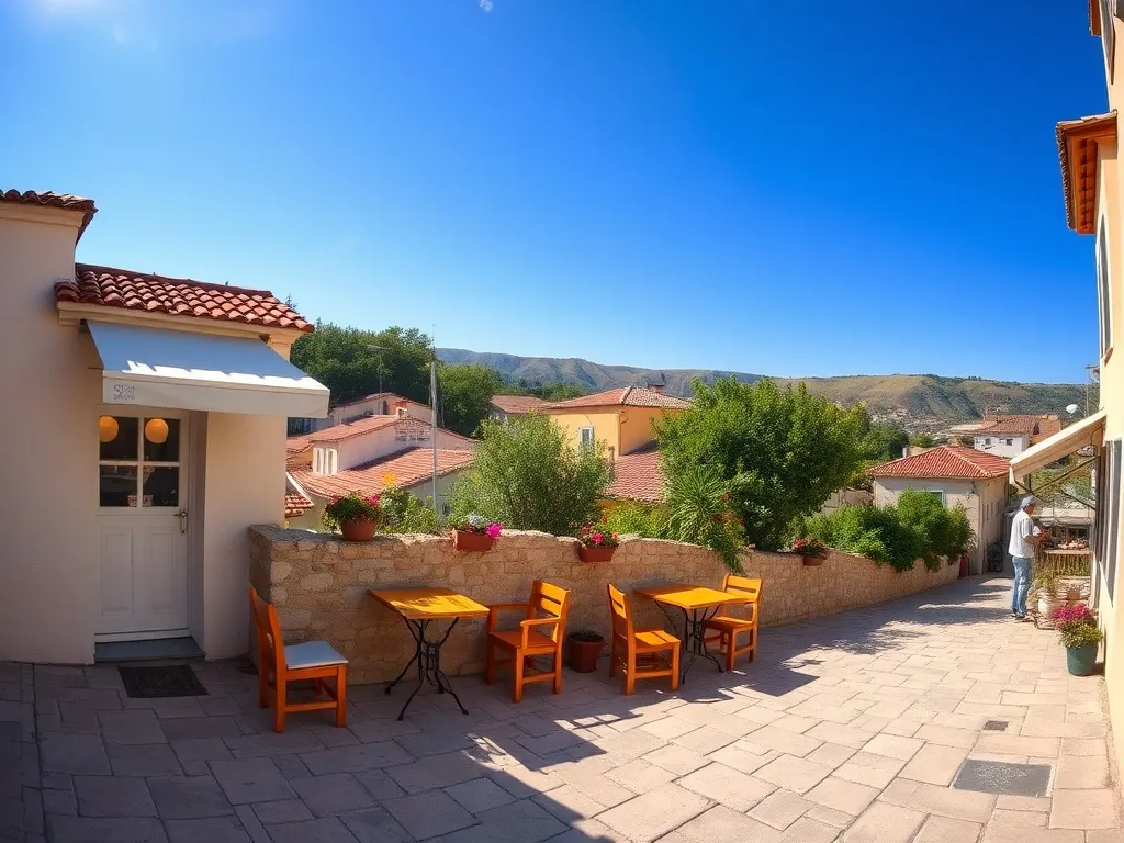 Urokliwa uliczka w Trikali z kameralną kawiarnią, tradycyjnymi domami i wzgórzami w tle, zachęcająca do spaceru.