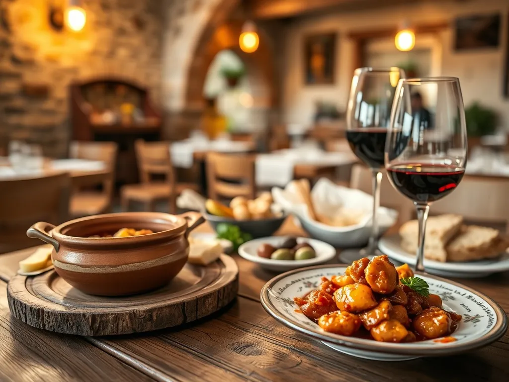 Tradycyjny portugalski stół z petiscos, gulaszem, chlebem i winem w przytulnej restauracji w stylu Évory.