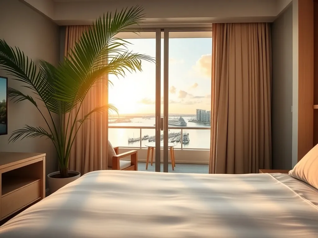 Przytulny, jasny pokój hotelowy w Darwin z balkonem na port, palmami i zachodem słońca, idealny na relaksujący nocleg.