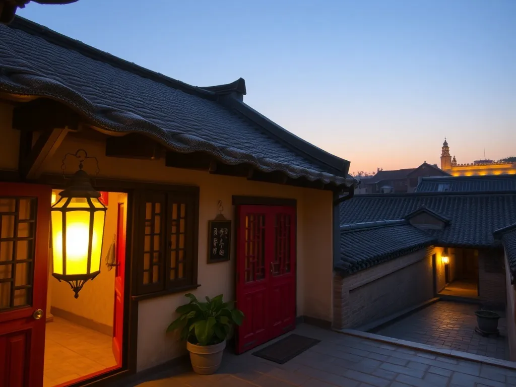 Przytulny tradycyjny pensjonat w Pingyao o zmierzchu z czerwonymi drzwiami i latarniami, w tle dachy starego miasta i mury.