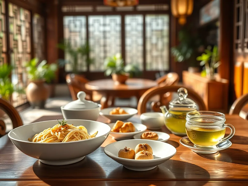 Tradycyjny stół w Suzhou z makaronem, gotowaną rybą, słodkimi przekąskami i zieloną herbatą w przytulnej herbaciarni