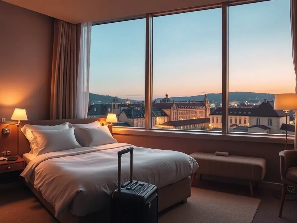 Przytulny, nowoczesny pokój hotelowy w Zagrzebiu z podwójnym łóżkiem i walizką, idealny na nocleg w mieście.