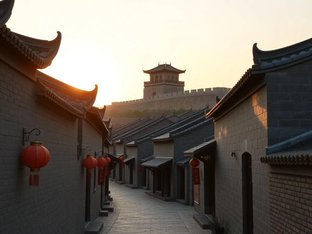 Urokliwa uliczka starego Pingyao o zachodzie słońca, szare domy z czerwonymi lampionami i widocznym w tle murem miejskim