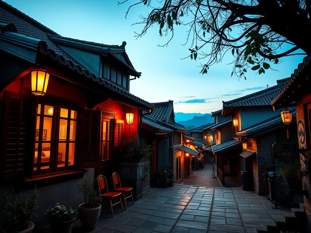 Tradycyjny dziedziniec w Lijiang o zmierzchu, ciepłe lampiony, kamienna ścieżka i spokojna atmosfera idealna na nocleg