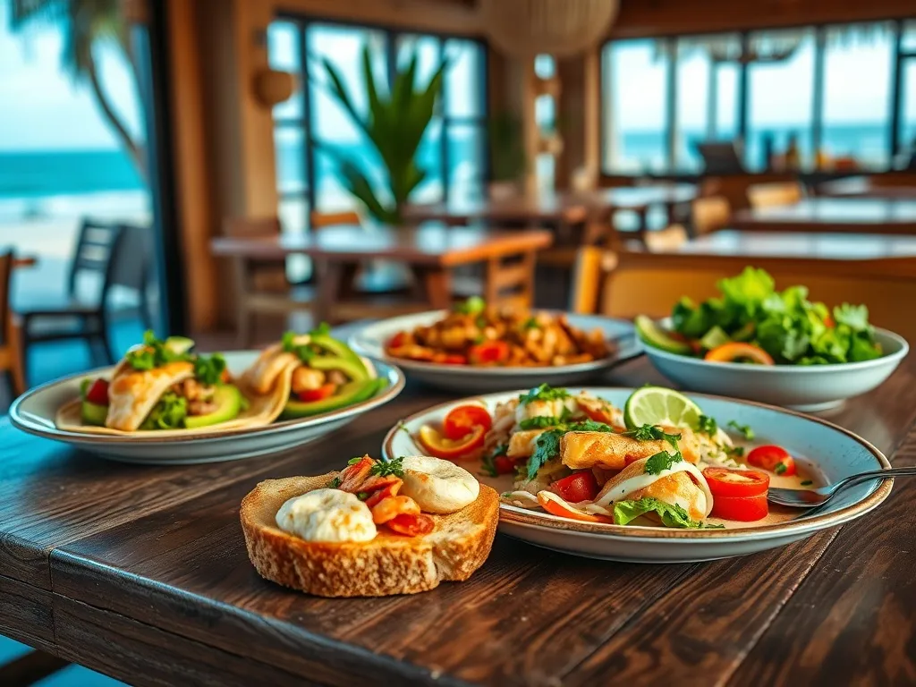 Stół w nadmorskiej kawiarni w Byron Bay z talerzami świeżych owoców morza, tacos z rybą, tostami z awokado i sałatką.