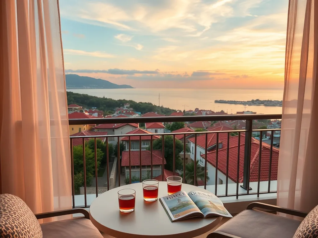 Balkon nadmorskiego hotelu w Trabzonie o zachodzie słońca, stolik z herbatą, widok na czerwone dachy i wybrzeże Morza Czarnego