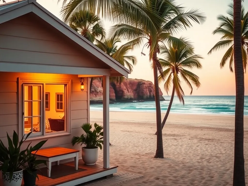 Przytulny bungalow przy Cable Beach w Broome o zachodzie słońca, z widokiem na czerwone klify, palmy i turkusowy ocean.