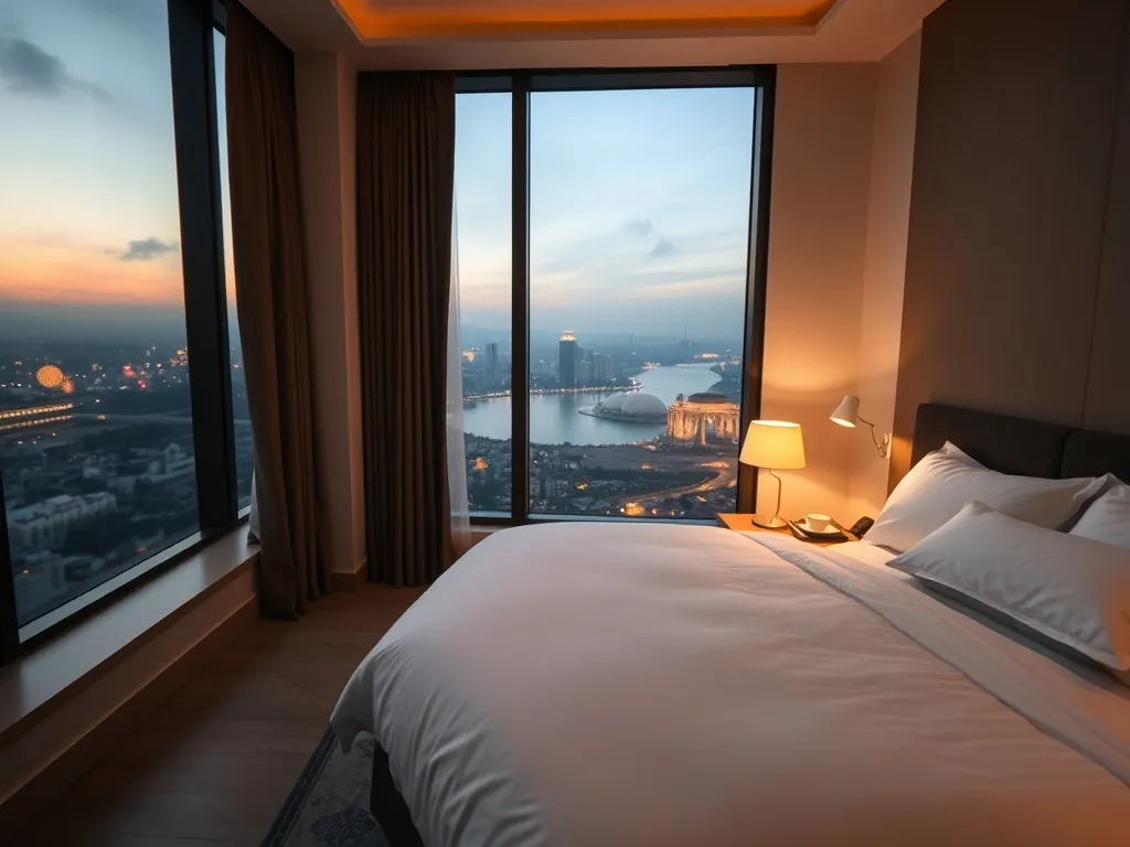 Przytulny, nowoczesny pokój hotelowy z widokiem na wieczorną panoramę Hangzhou i Jezioro Zachodnie, idealny na nocleg.