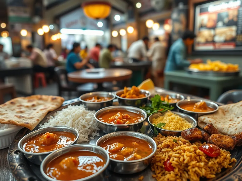 Tradycyjny indyjski thali z curry, kebabami, ryżem i naan w przytulnym lakhnauckim street food barze.