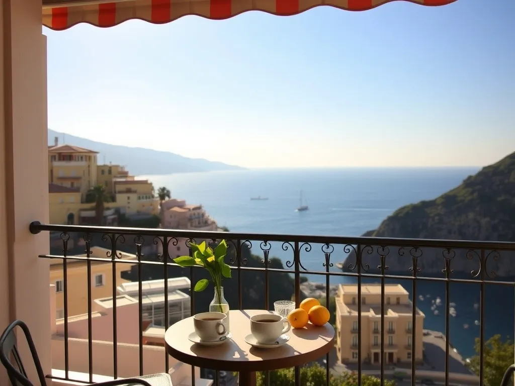 Balkon w Sorrento z widokiem na morze, pastelowe budynki i góry, z kawą i cytrynami, idealny na nocleg we Włoszech