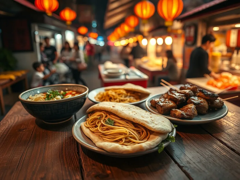 Tradycyjne dania uliczne Xi’an: biang biang mian, roujiamo i szaszłyki na rustykalnym stole, w tle nocny targ z lampionami