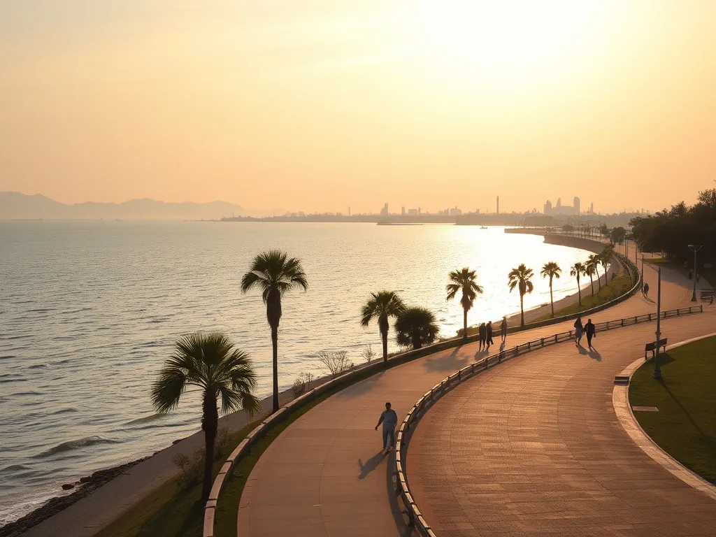 Nadmorska promenada w Visakhapatnam o złotej godzinie, spacerowicze, palmy i fale Zatoki Bengalskiej na tle miasta.