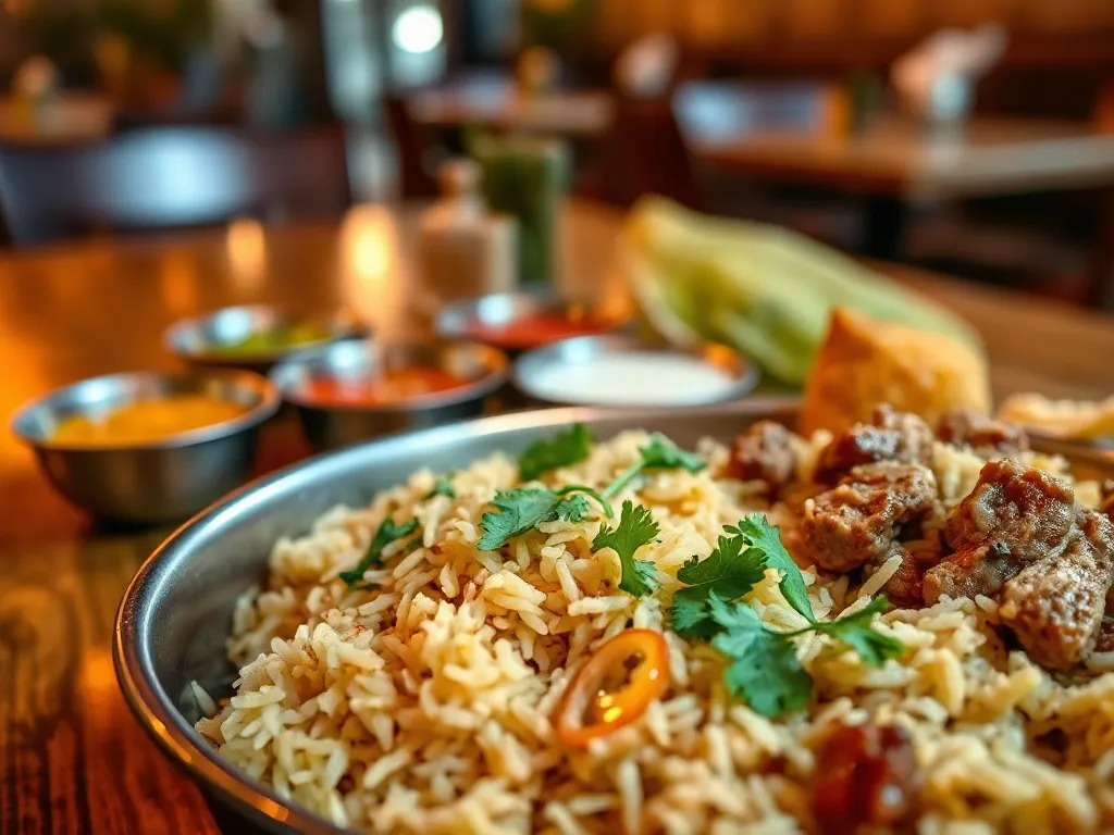 Tradycyjne biryani z Hajdarabadu w metalowej misce, z chutney i raitą w tle, w przytulnej lokalnej restauracji.