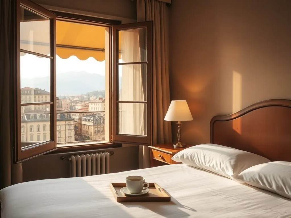 Przytulny pokój hotelowy w Bergamo z balkonem, porannym światłem i widokiem na kolorowe kamienice oraz wzgórza.