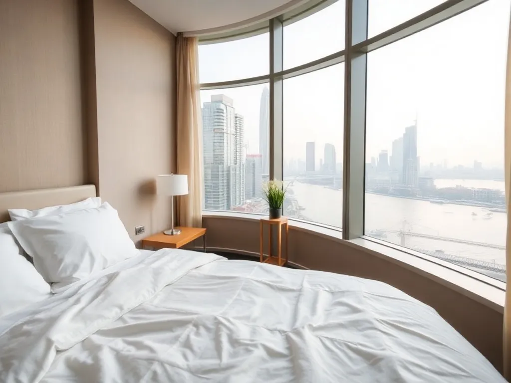 Przytulny, nowoczesny pokój hotelowy w Guangzhou z widokiem na rzekę i drapacze chmur za dużym oknem