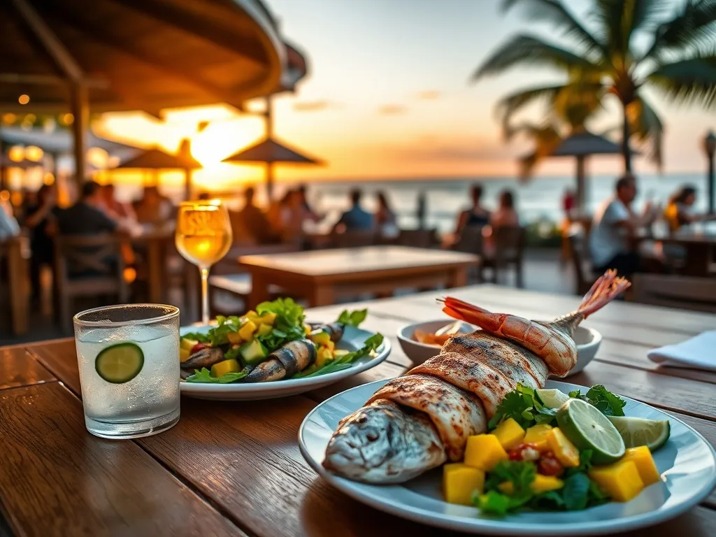 Świeże grillowane barramundi, krewetki i tropikalna sałatka w nadmorskiej restauracji w Darwin, o zachodzie słońca.