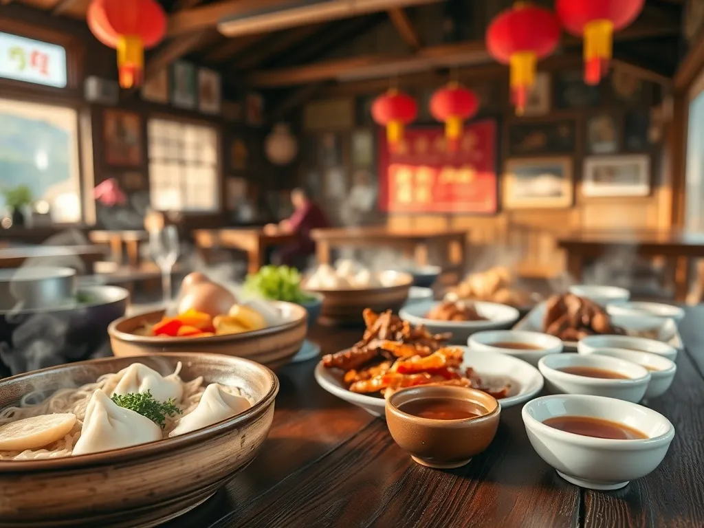 Tradycyjny stół w Pingyao: miski z makaronem, pierożki, duszone mięso, pikle i herbata w kameralnej restauracji.
