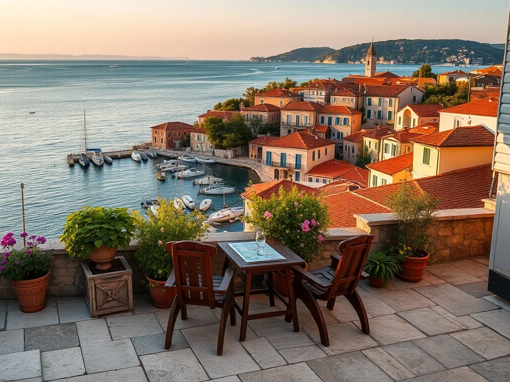 Klimatyczny taras z widokiem na port w Rovinj, kolorowe kamienice i kościół na wzgórzu, idealne miejsce na nocleg i zwiedzanie.
