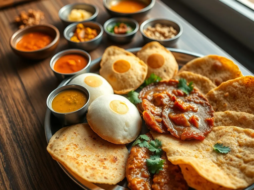 Tradycyjna południowoindyjska thali z dosa, idli, vada, chutney i sambar, ukazująca lokalne smaki Bengaluru.