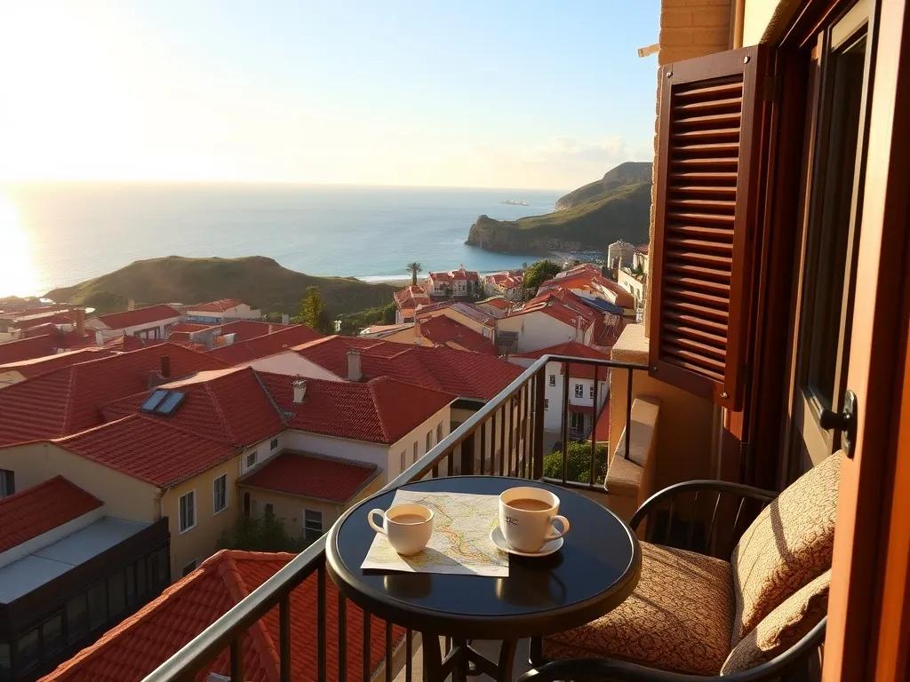 Balkon pensjonatu w Funchal z kawą i mapą, z widokiem na czerwone dachy miasta, zielone wzgórza i Atlantyk o złotej godzinie.