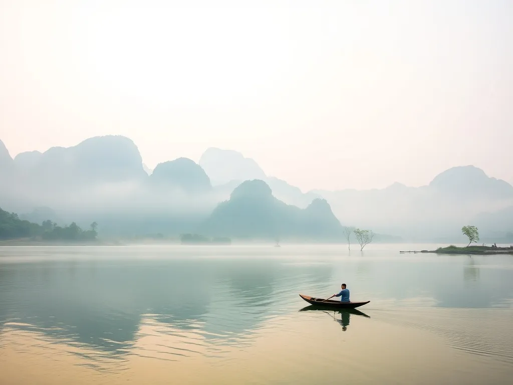 Poranek nad rzeką w Guilin, tradycyjna łódź na tle mglistych krasowych gór, spokojna i nastrojowa sceneria.