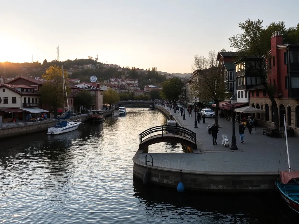 Przytulna promenada nad rzeką w Eskişehir o złotej godzinie, kolorowe kamienice, mostek i łódki tworzą spokojny klimat miasta