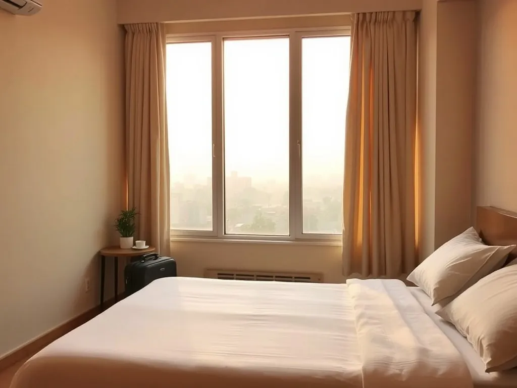 Przytulny, minimalistyczny pokój w budżetowym hotelu w Delhi z łóżkiem, walizką i widokiem na miasto o wschodzie słońca.