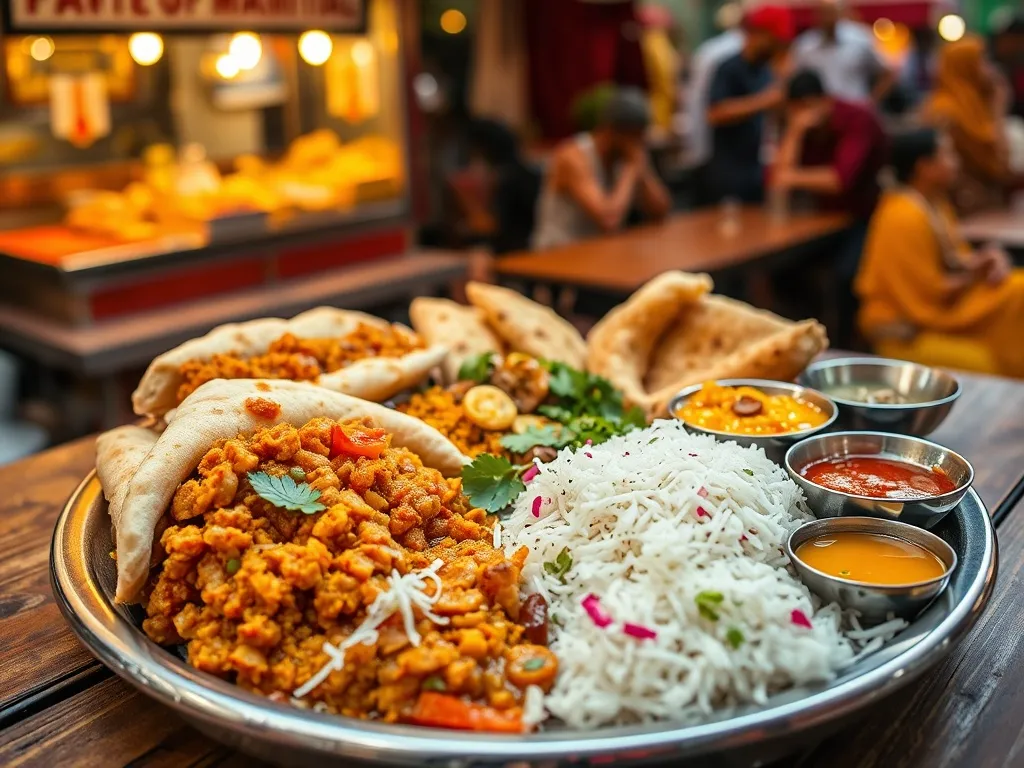 Kolorowe thali z ulicznymi przysmakami Pune, jak pav bhaji, misal pav i vada pav, na tle przytulnego stoiska z jedzeniem.