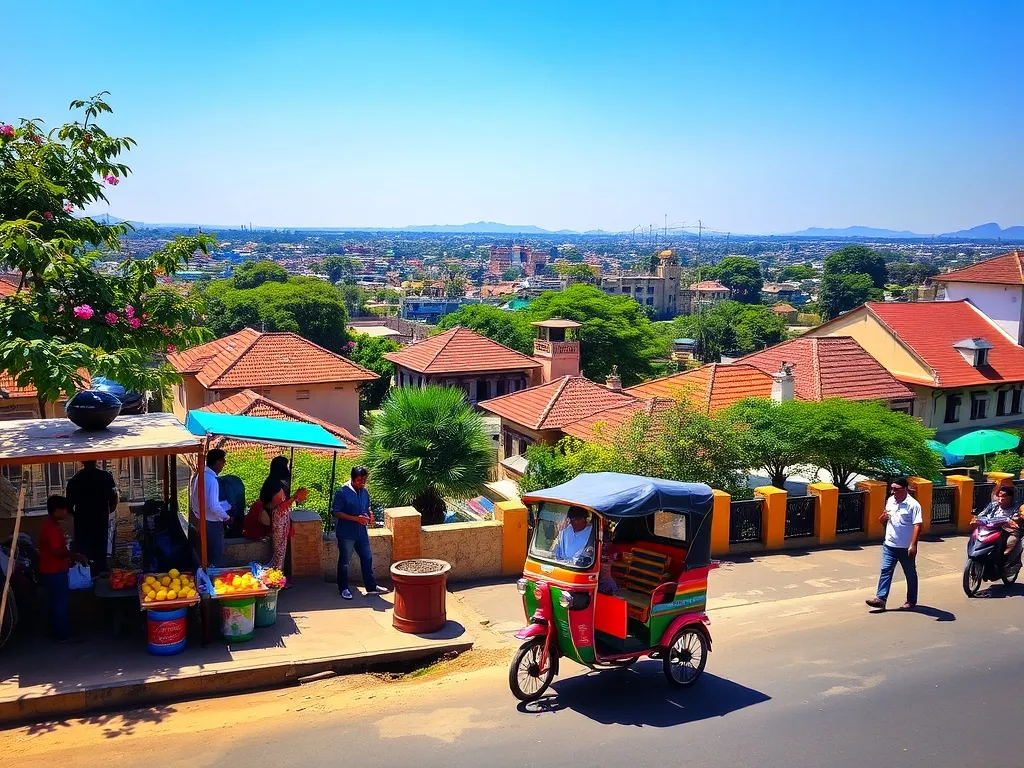 Kolorowa riksha i stragan z owocami na słonecznej ulicy Pune, w tle tradycyjna architektura i wzgórza.