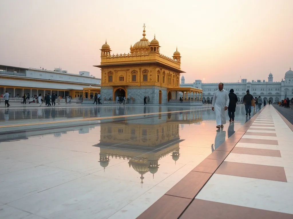 Złota Świątynia w Amritsar o wschodzie słońca, odbijająca się w wodzie, z pielgrzymami spacerującymi po marmurowym brzegu